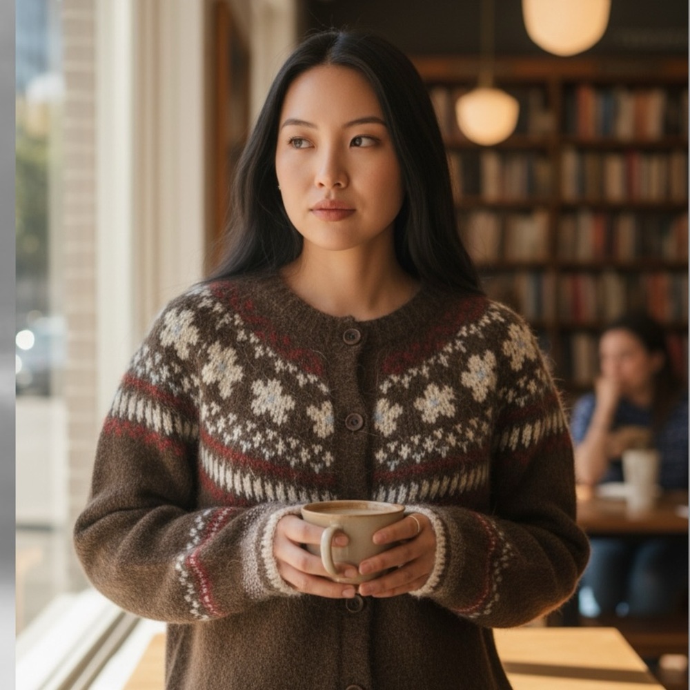 Woman’s Fair Isle Cardigan Sweater w/Raglan Sleeves & Faux Wooden Buttons L